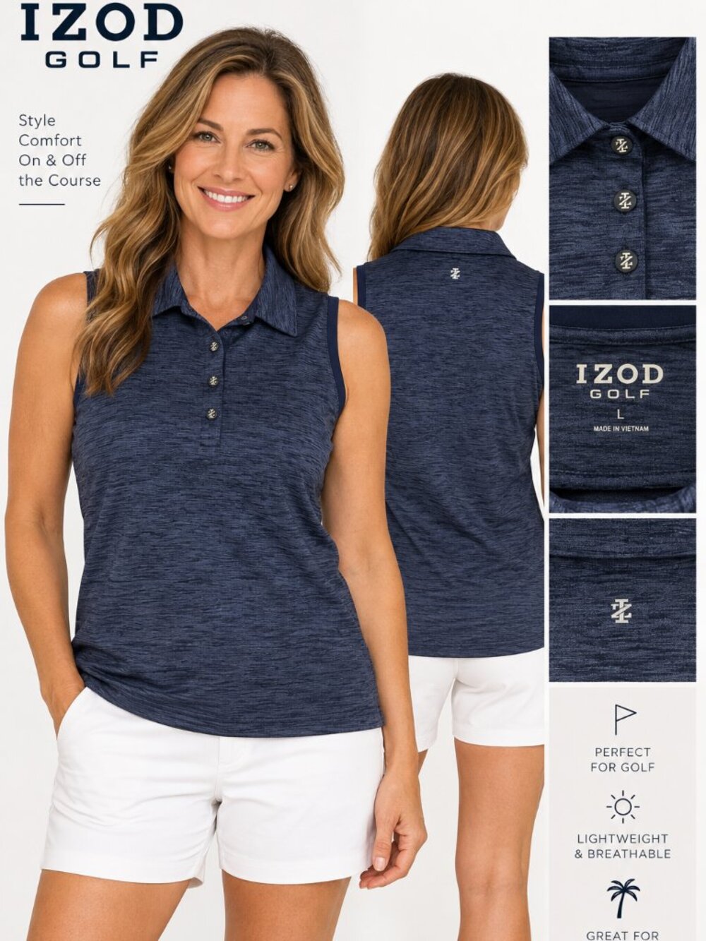 IZOD Golf Women’s Sleeveless Polo Shirt – Navy Heather – Size L